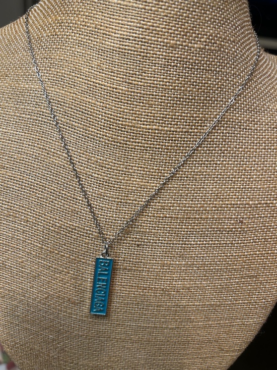 The Unbranded Brand Jewelry - Balenciaga Silver Chain Necklace with Teal Logo Bar